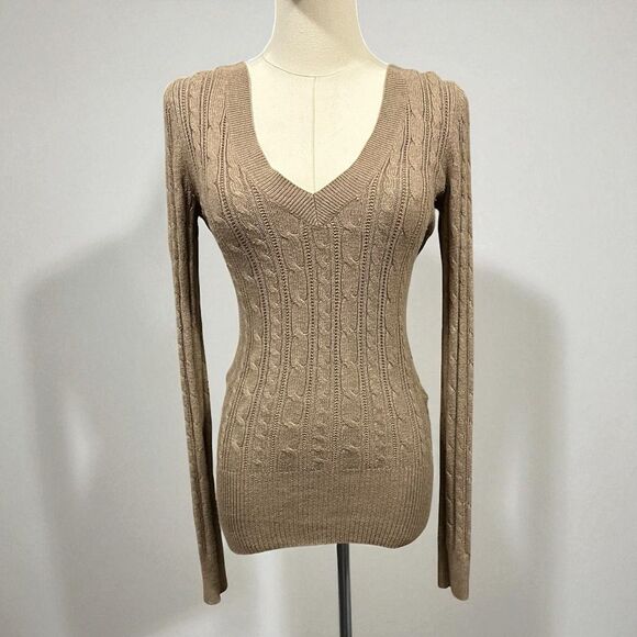 Y2K American Eagle Small Tan Deep V-neck Preppy Cable Knit Stretch Sweater AE - Picture 1 of 3